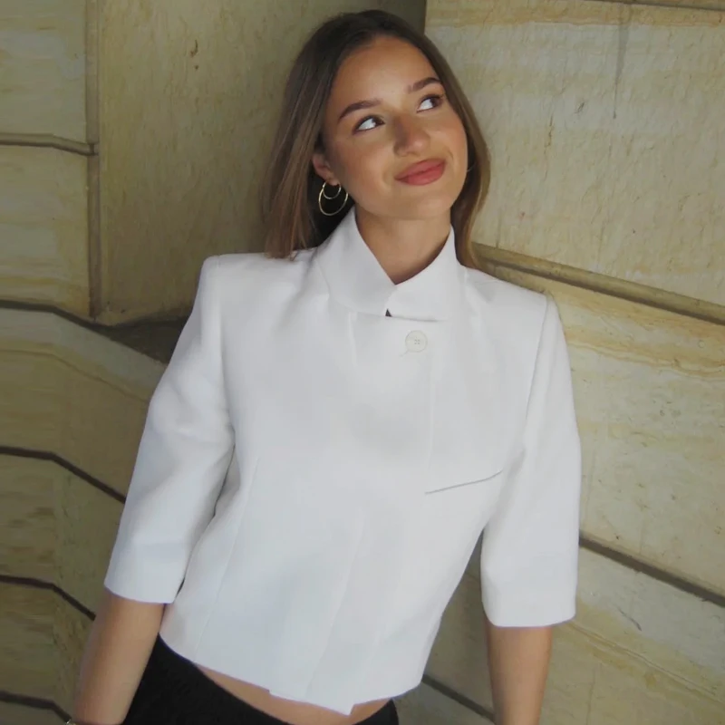 HXAO Asymmetric Crop White Blazer Woman Summer 2026 Office Wear Woman Elegant Button Short Sleeve Outerwear Fashion Suit Jacket