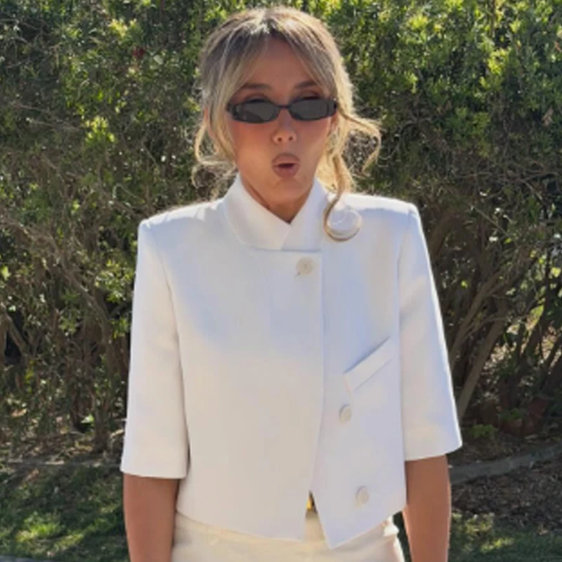 HXAO Asymmetric Crop White Blazer Woman Summer 2026 Office Wear Woman Elegant Button Short Sleeve Outerwear Fashion Suit Jacket