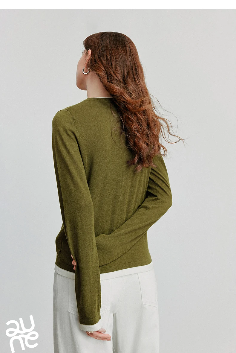 TOYOUTH Women Knitted Shirt 2025 Autumn New Retro Color Contrast Splicing Fake Two Piece Pullover Bottom Tops