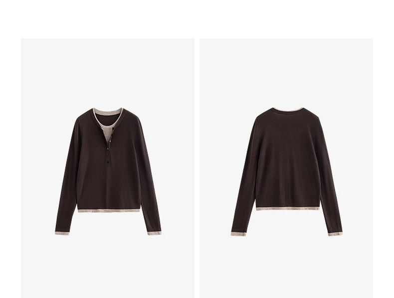 TOYOUTH Women Knitted Shirt 2025 Autumn New Retro Color Contrast Splicing Fake Two Piece Pullover Bottom Tops
