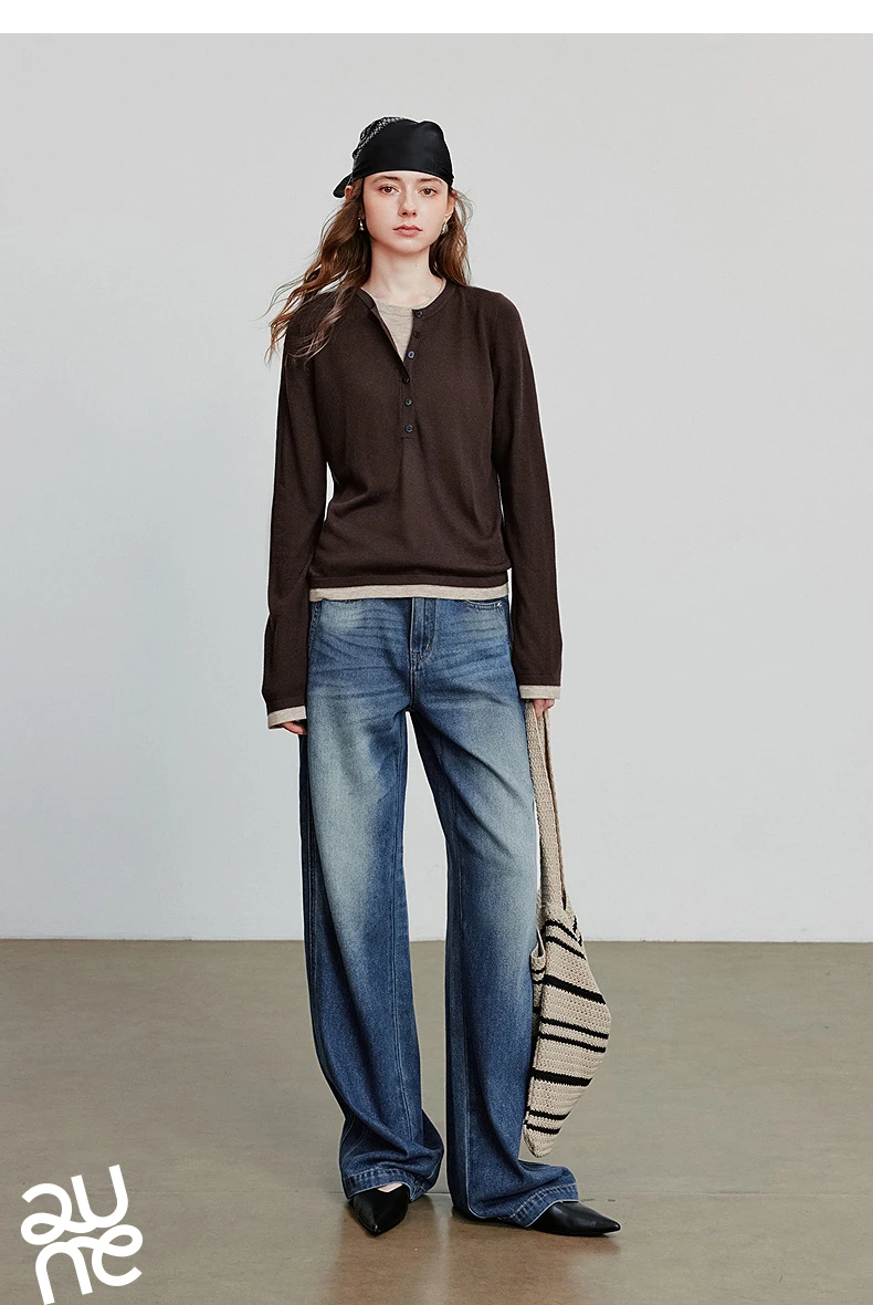 TOYOUTH Women Knitted Shirt 2025 Autumn New Retro Color Contrast Splicing Fake Two Piece Pullover Bottom Tops