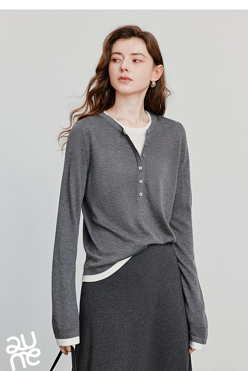 TOYOUTH Women Knitted Shirt 2025 Autumn New Retro Color Contrast Splicing Fake Two Piece Pullover Bottom Tops