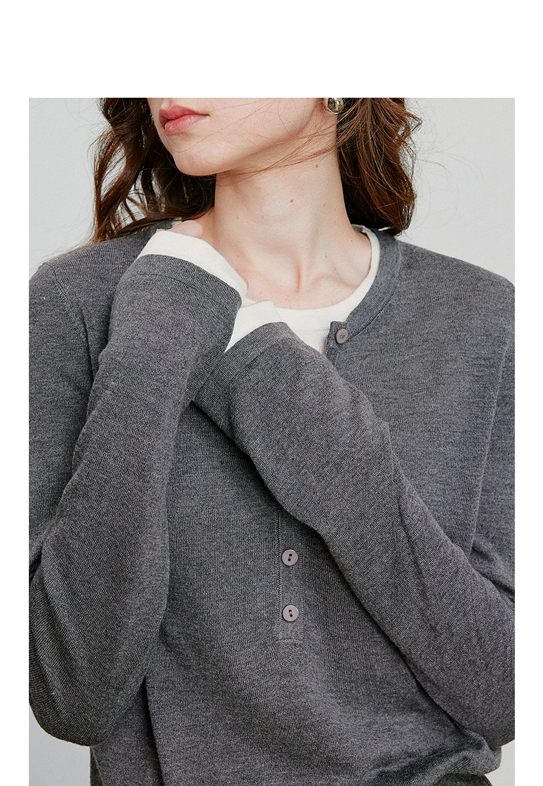 TOYOUTH Women Knitted Shirt 2025 Autumn New Retro Color Contrast Splicing Fake Two Piece Pullover Bottom Tops