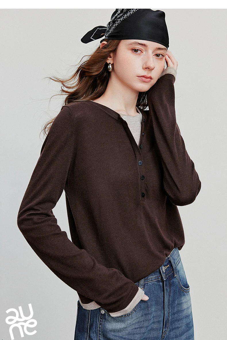 TOYOUTH Women Knitted Shirt 2025 Autumn New Retro Color Contrast Splicing Fake Two Piece Pullover Bottom Tops