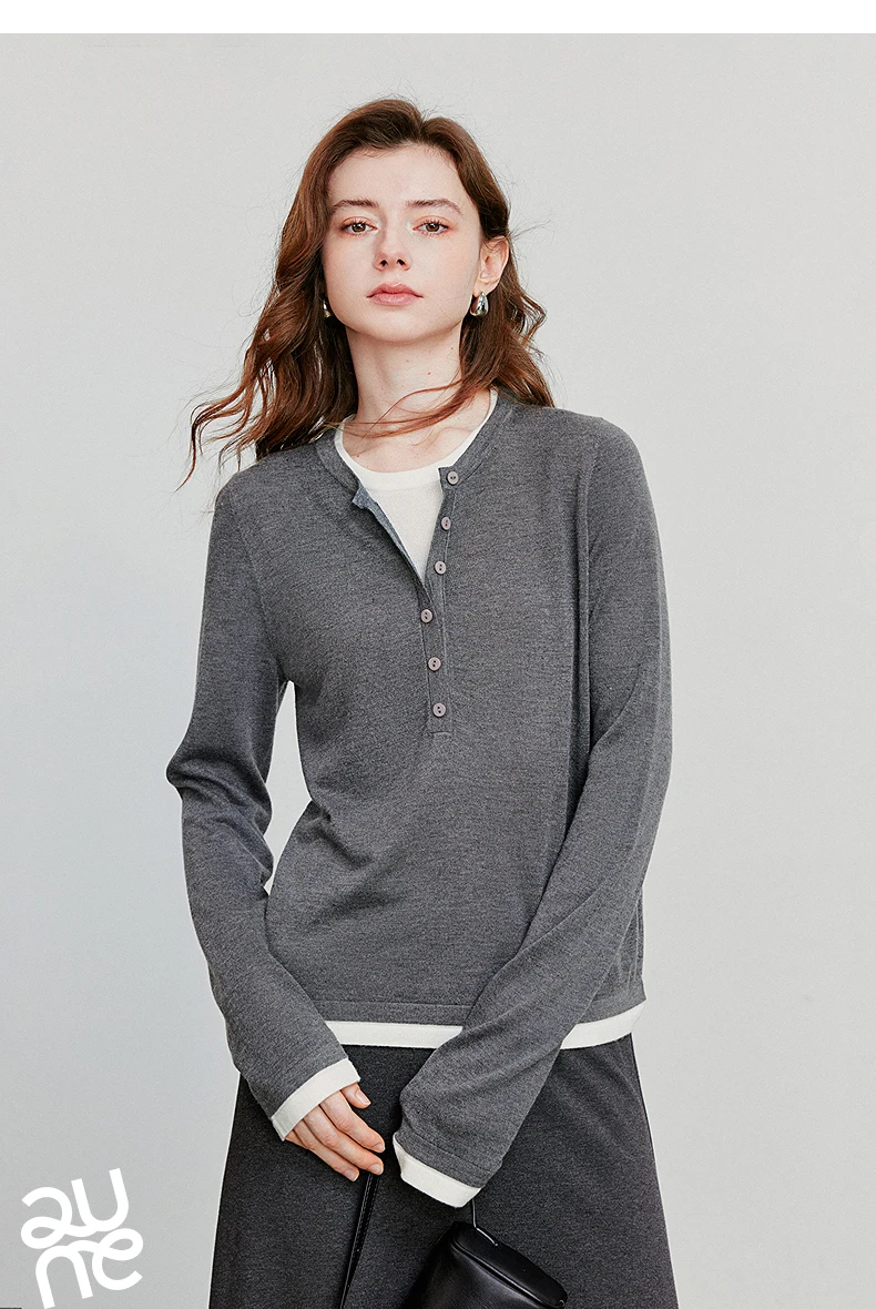 TOYOUTH Women Knitted Shirt 2025 Autumn New Retro Color Contrast Splicing Fake Two Piece Pullover Bottom Tops