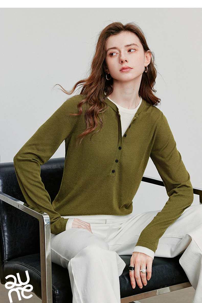 TOYOUTH Women Knitted Shirt 2025 Autumn New Retro Color Contrast Splicing Fake Two Piece Pullover Bottom Tops