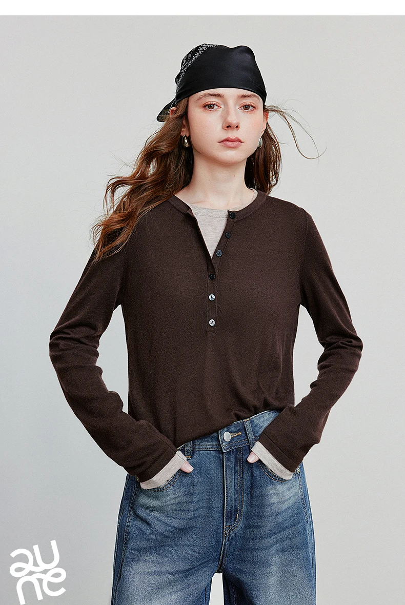TOYOUTH Women Knitted Shirt 2025 Autumn New Retro Color Contrast Splicing Fake Two Piece Pullover Bottom Tops