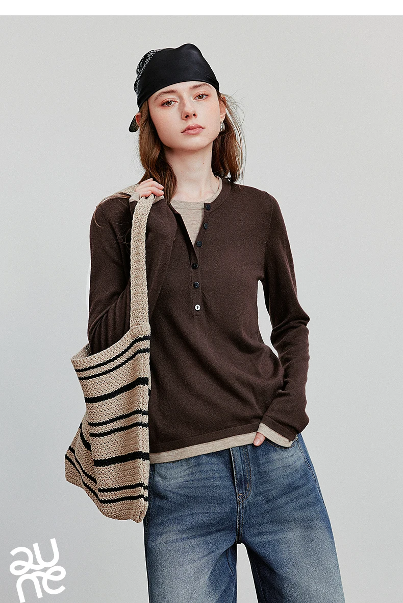 TOYOUTH Women Knitted Shirt 2025 Autumn New Retro Color Contrast Splicing Fake Two Piece Pullover Bottom Tops