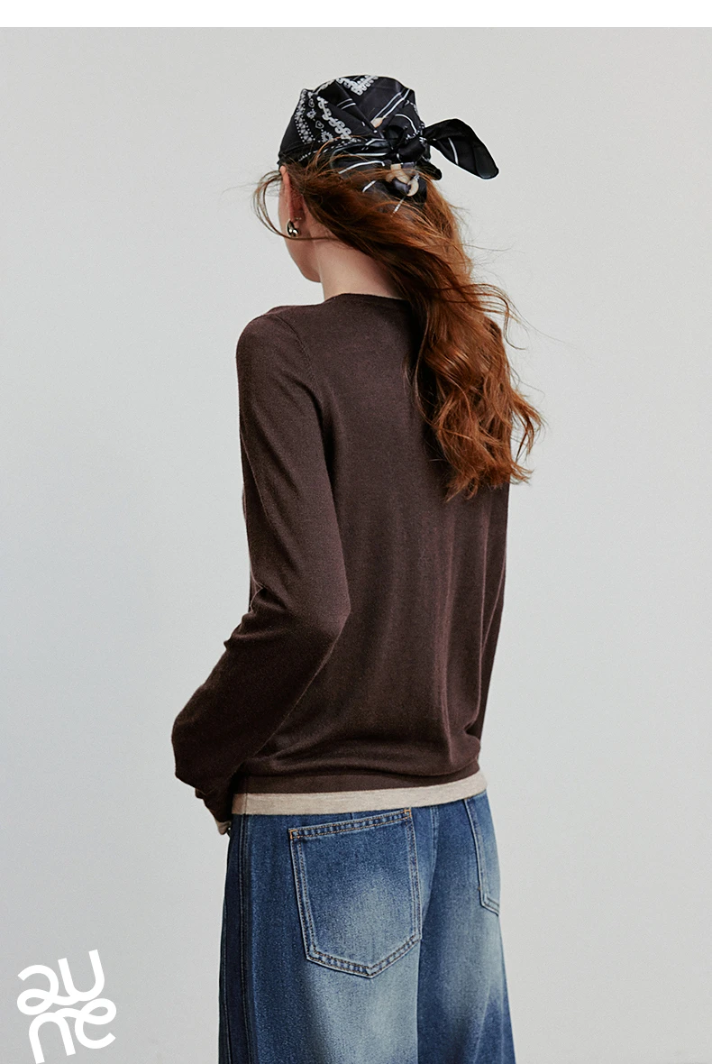 TOYOUTH Women Knitted Shirt 2025 Autumn New Retro Color Contrast Splicing Fake Two Piece Pullover Bottom Tops
