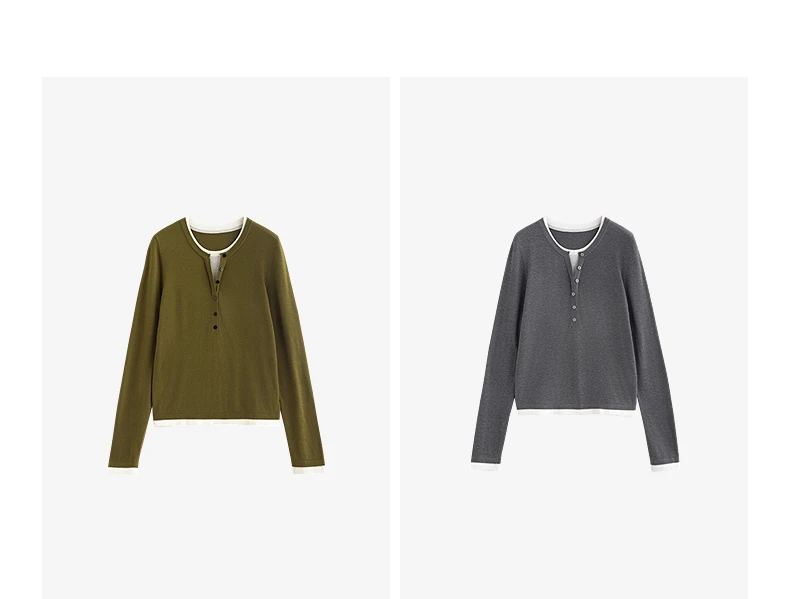 TOYOUTH Women Knitted Shirt 2025 Autumn New Retro Color Contrast Splicing Fake Two Piece Pullover Bottom Tops