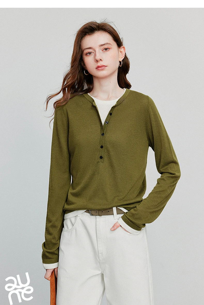 TOYOUTH Women Knitted Shirt 2025 Autumn New Retro Color Contrast Splicing Fake Two Piece Pullover Bottom Tops