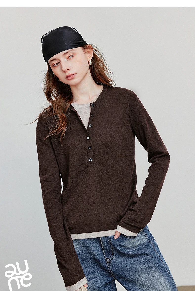 TOYOUTH Women Knitted Shirt 2025 Autumn New Retro Color Contrast Splicing Fake Two Piece Pullover Bottom Tops
