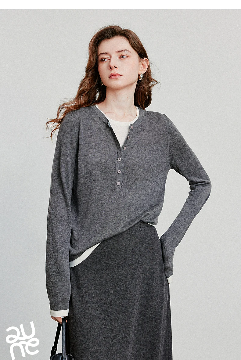 TOYOUTH Women Knitted Shirt 2025 Autumn New Retro Color Contrast Splicing Fake Two Piece Pullover Bottom Tops