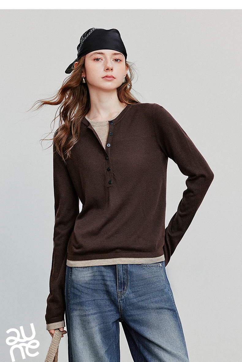 TOYOUTH Women Knitted Shirt 2025 Autumn New Retro Color Contrast Splicing Fake Two Piece Pullover Bottom Tops