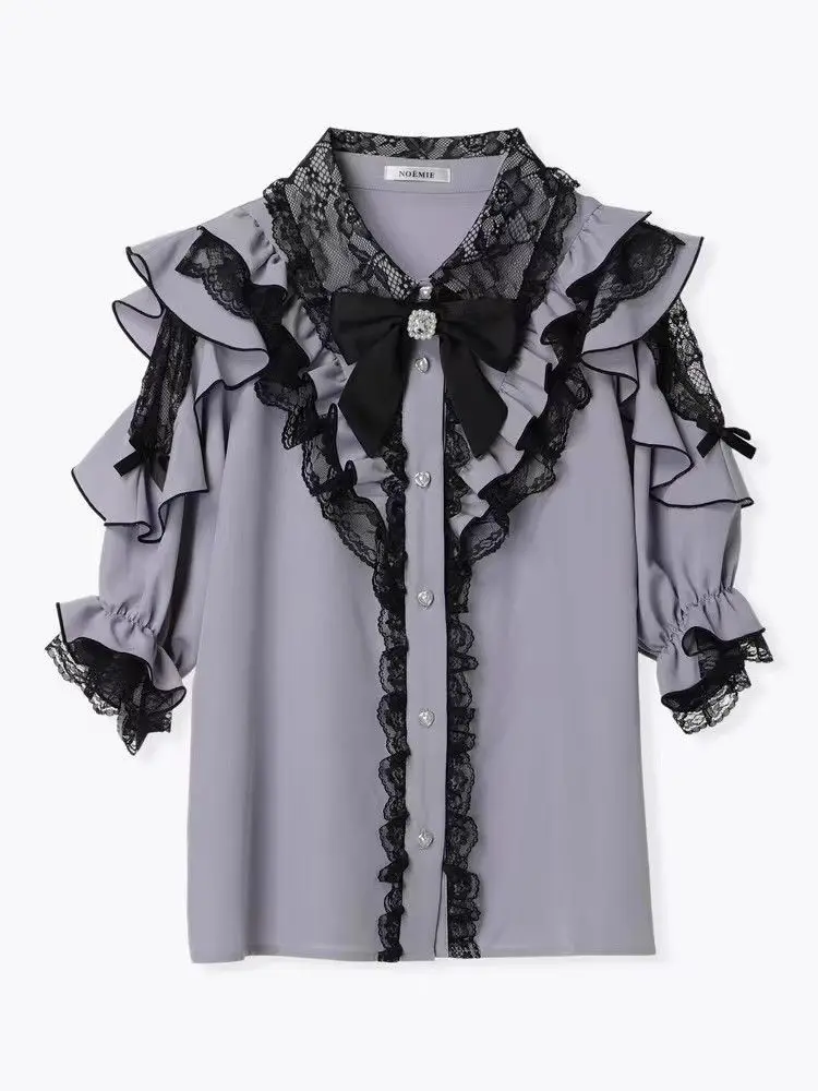 Noemi Inspired Ruffle Bow Top - Japanese Dark Femme Off-Shoulder Blouse, Lace Trim Bell Sleeve Shirt for Yami Kawaii & Lolita