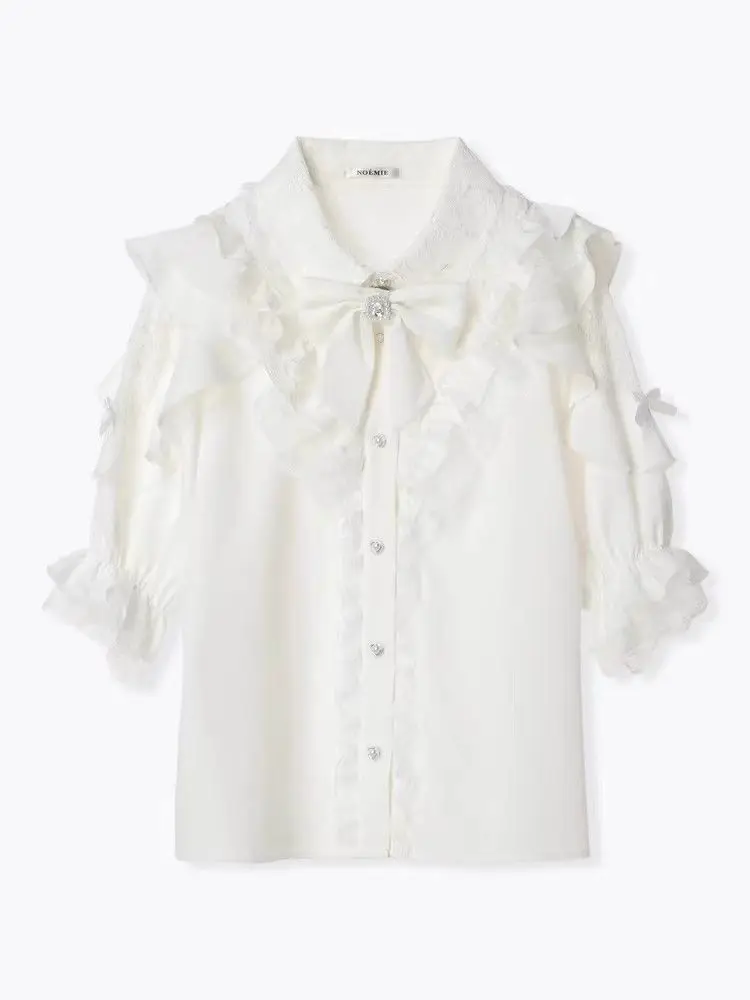 Noemi Inspired Ruffle Bow Top - Japanese Dark Femme Off-Shoulder Blouse, Lace Trim Bell Sleeve Shirt for Yami Kawaii & Lolita