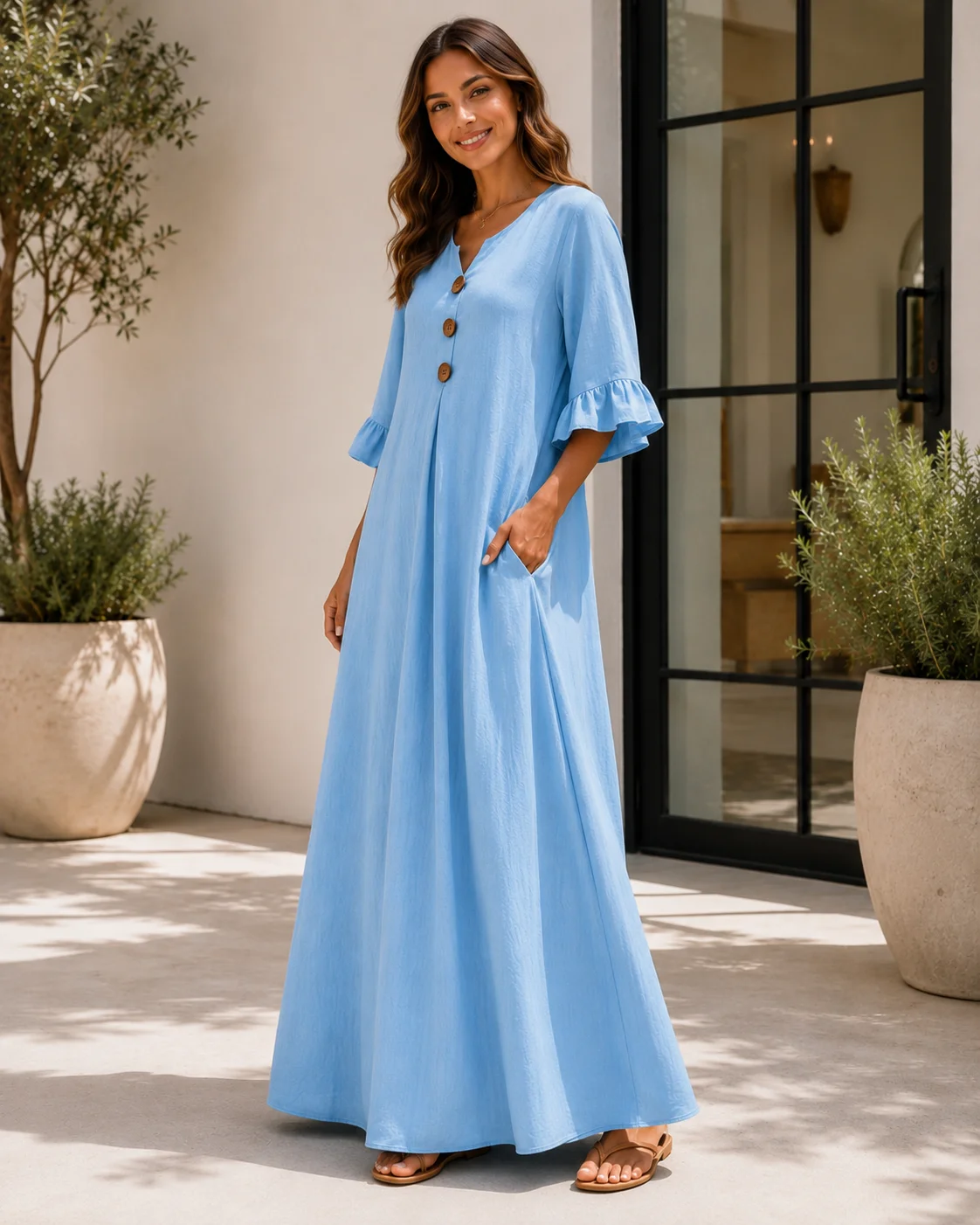 Plus Size European and American Cross-border Autumn and Winter Solid Color Women's V-neck Long Dress Fashionable Elegant Dress