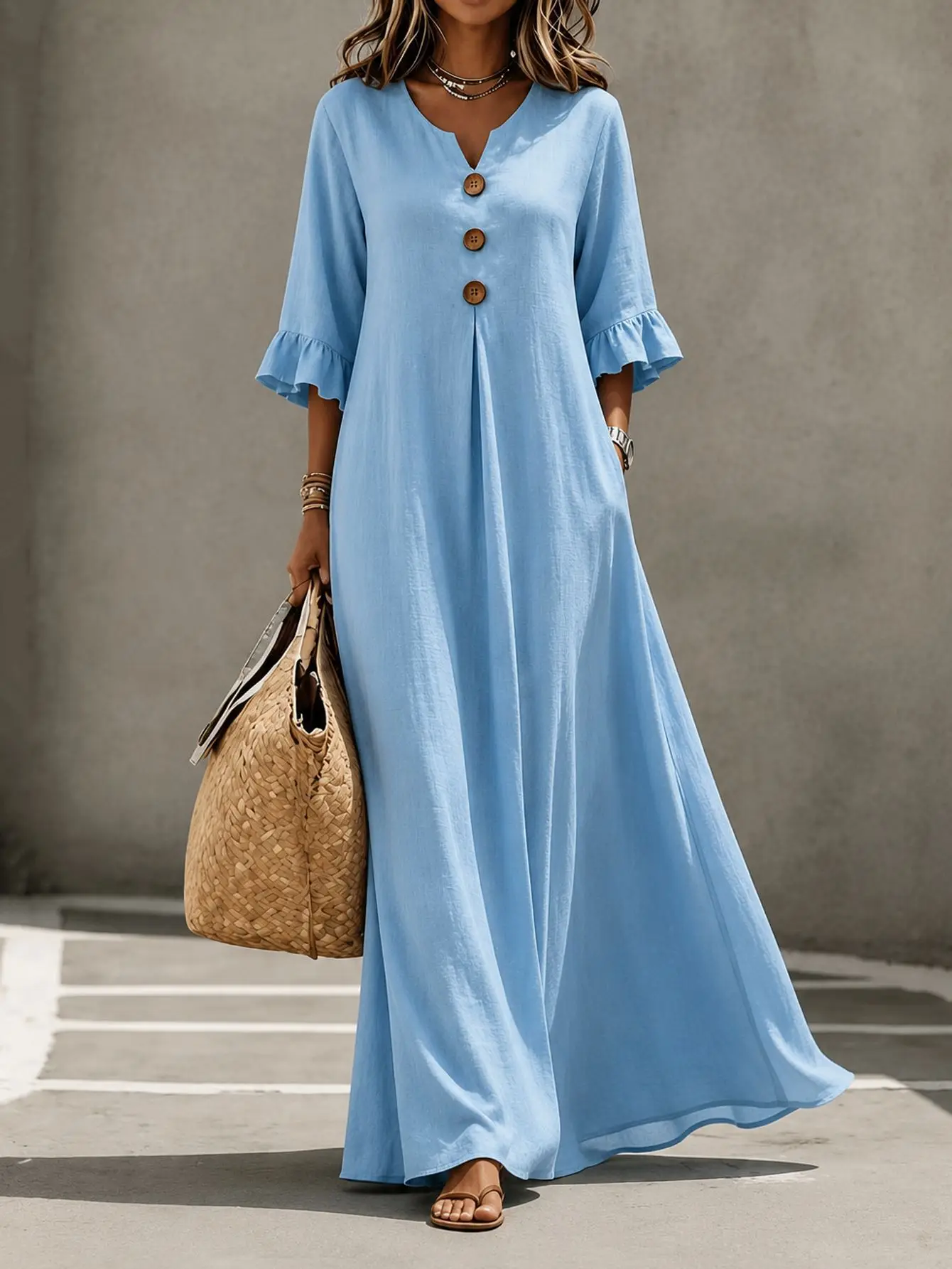 Plus Size European and American Cross-border Autumn and Winter Solid Color Women's V-neck Long Dress Fashionable Elegant Dress