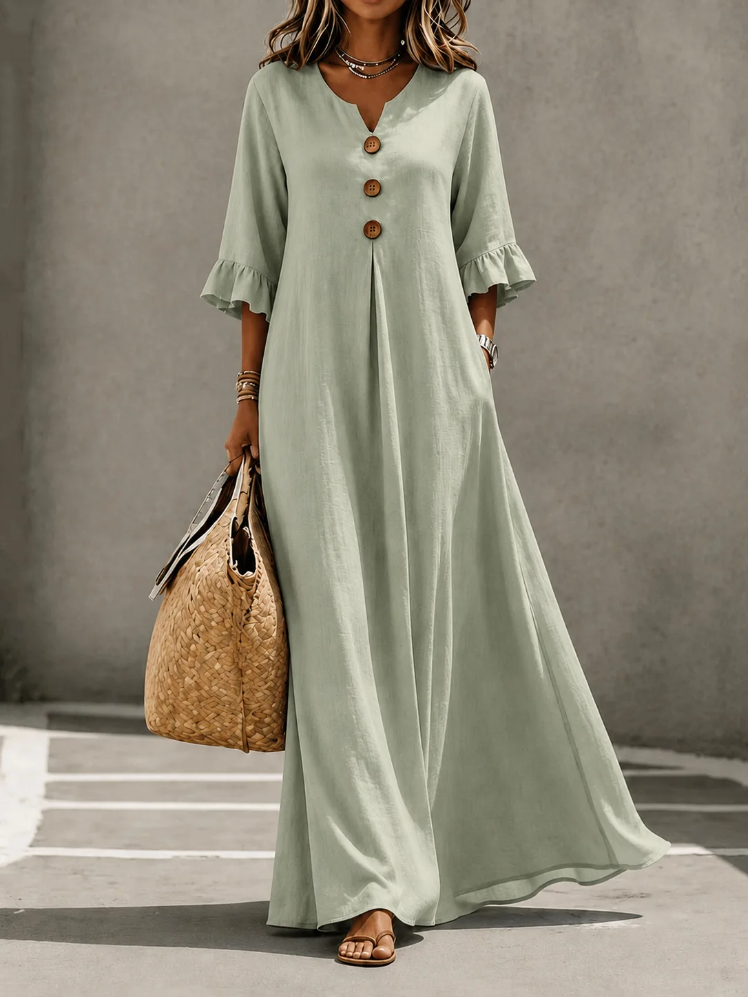 Plus Size European and American Cross-border Autumn and Winter Solid Color Women's V-neck Long Dress Fashionable Elegant Dress