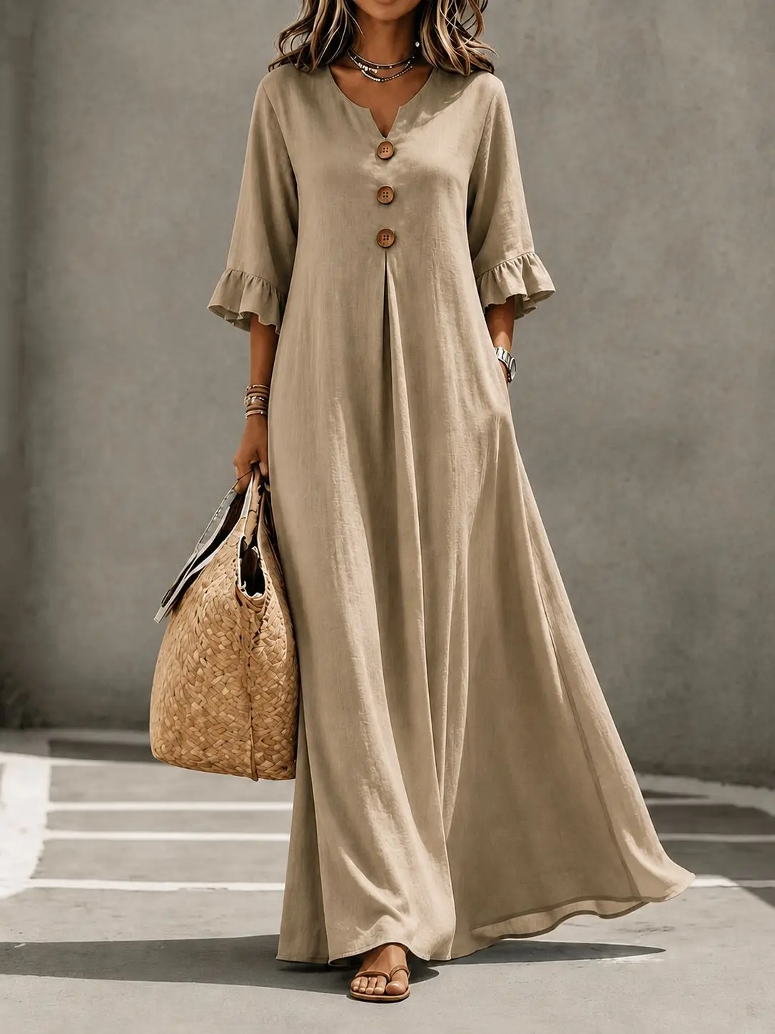 Plus Size European and American Cross-border Autumn and Winter Solid Color Women's V-neck Long Dress Fashionable Elegant Dress