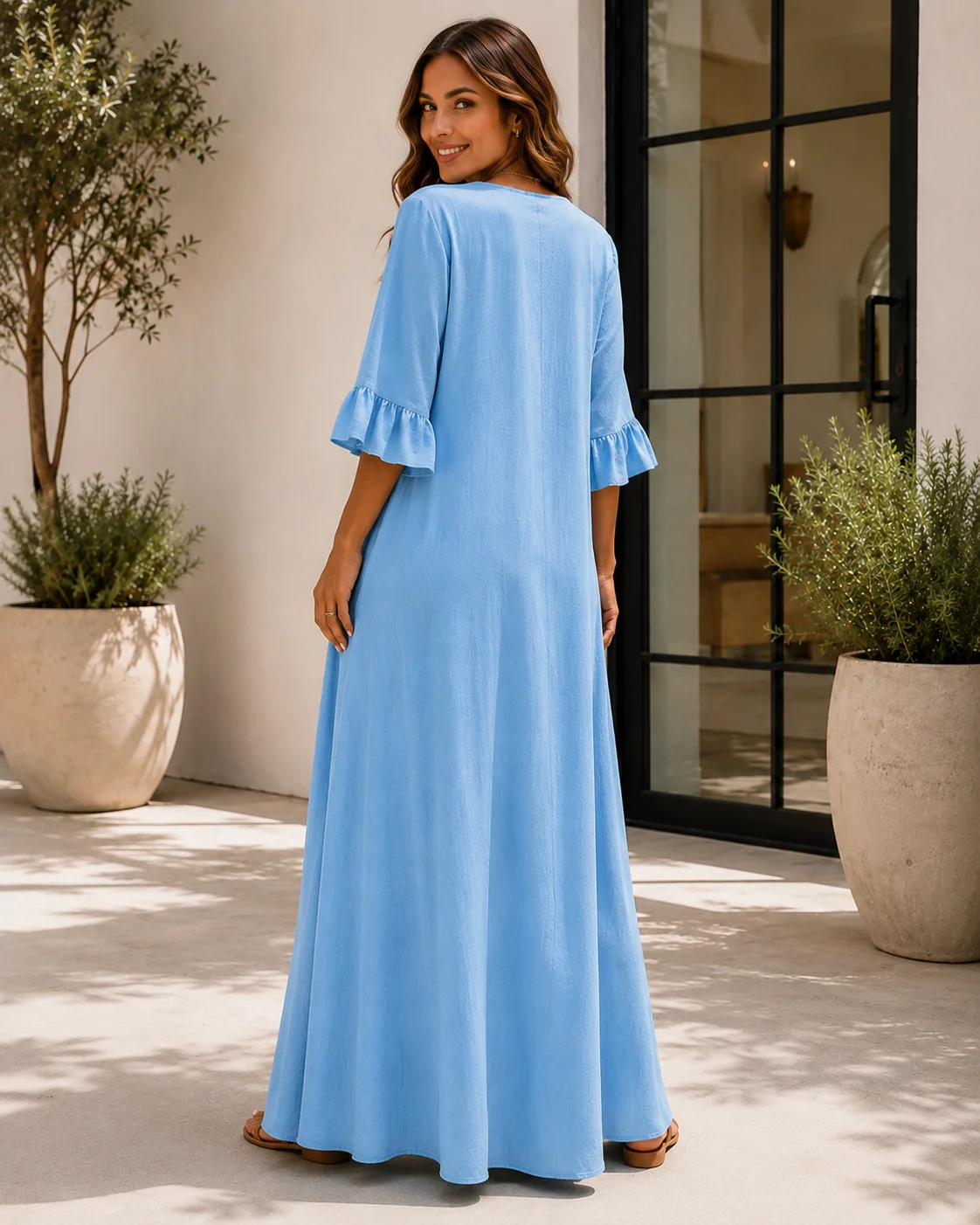 Plus Size European and American Cross-border Autumn and Winter Solid Color Women's V-neck Long Dress Fashionable Elegant Dress