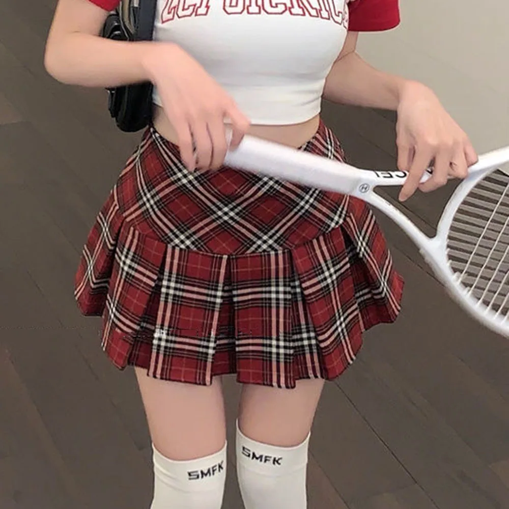 Summer 2024 Vintage Korean Style High Waist Patchwork A-line Mini Skirt Harajuku Preppy Fashion Plaid Pleated Skirt Red Women