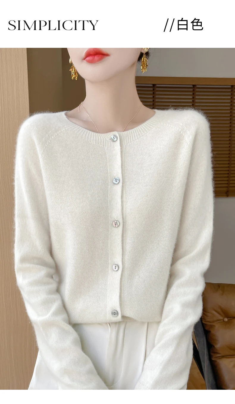 100% Merino Wool Long Sleeve Sweaters Cashmere Cardigan Spring Autumn Women O-Neck Knitwear Tops Clothing Fashion Basic Tops