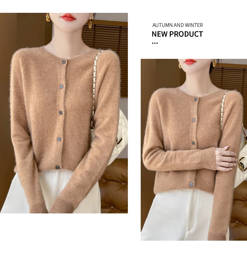 100% Merino Wool Long Sleeve Sweaters Cashmere Cardigan Spring Autumn Women O-Neck Knitwear Tops Clothing Fashion Basic Tops