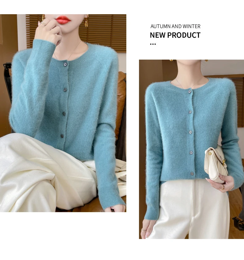 100% Merino Wool Long Sleeve Sweaters Cashmere Cardigan Spring Autumn Women O-Neck Knitwear Tops Clothing Fashion Basic Tops