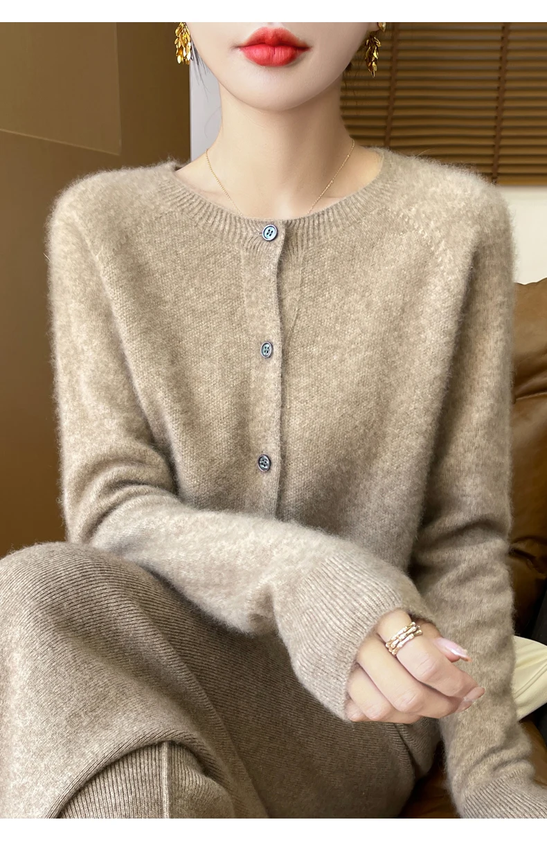 100% Merino Wool Long Sleeve Sweaters Cashmere Cardigan Spring Autumn Women O-Neck Knitwear Tops Clothing Fashion Basic Tops