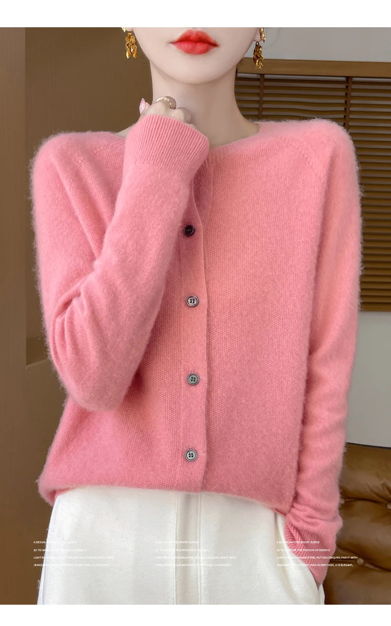 100% Merino Wool Long Sleeve Sweaters Cashmere Cardigan Spring Autumn Women O-Neck Knitwear Tops Clothing Fashion Basic Tops
