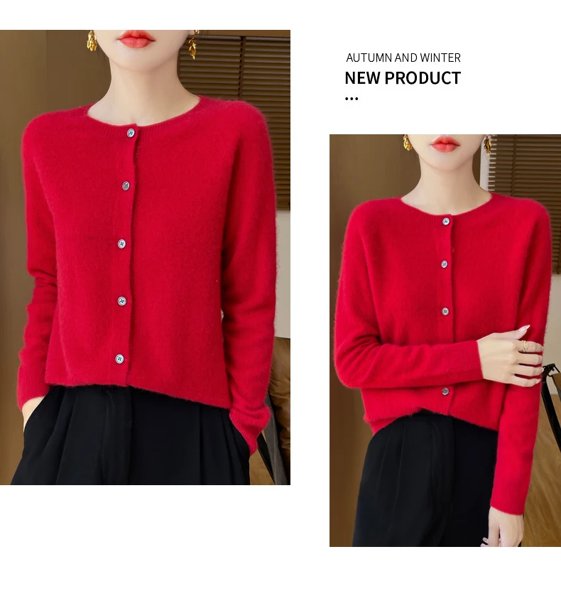100% Merino Wool Long Sleeve Sweaters Cashmere Cardigan Spring Autumn Women O-Neck Knitwear Tops Clothing Fashion Basic Tops
