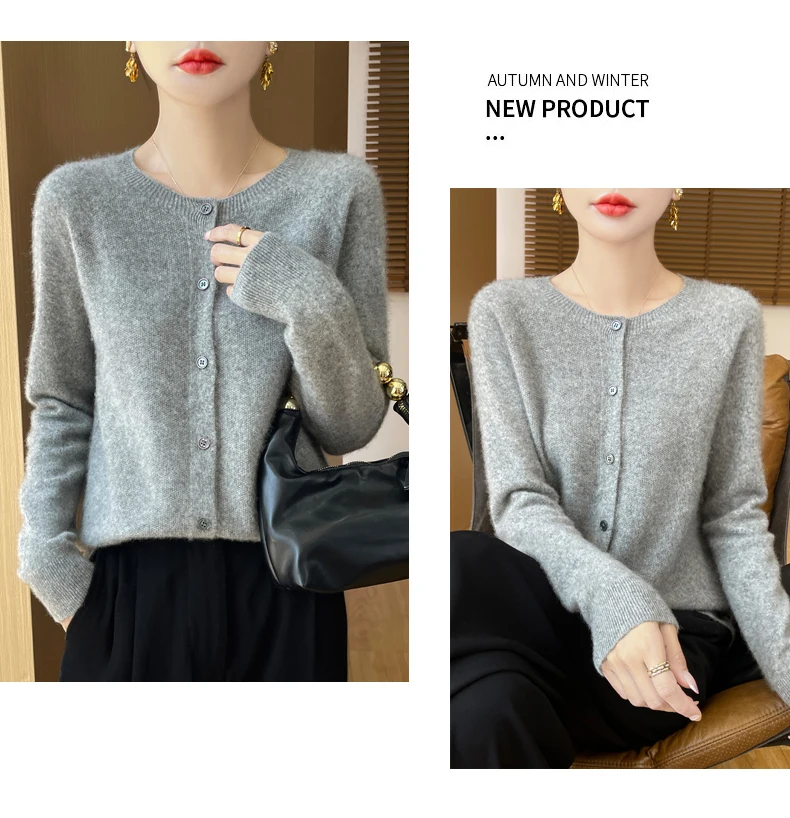 100% Merino Wool Long Sleeve Sweaters Cashmere Cardigan Spring Autumn Women O-Neck Knitwear Tops Clothing Fashion Basic Tops