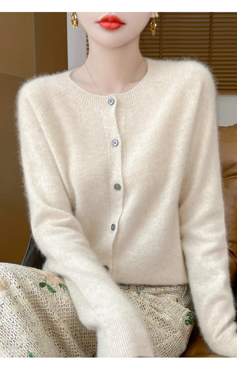 100% Merino Wool Long Sleeve Sweaters Cashmere Cardigan Spring Autumn Women O-Neck Knitwear Tops Clothing Fashion Basic Tops