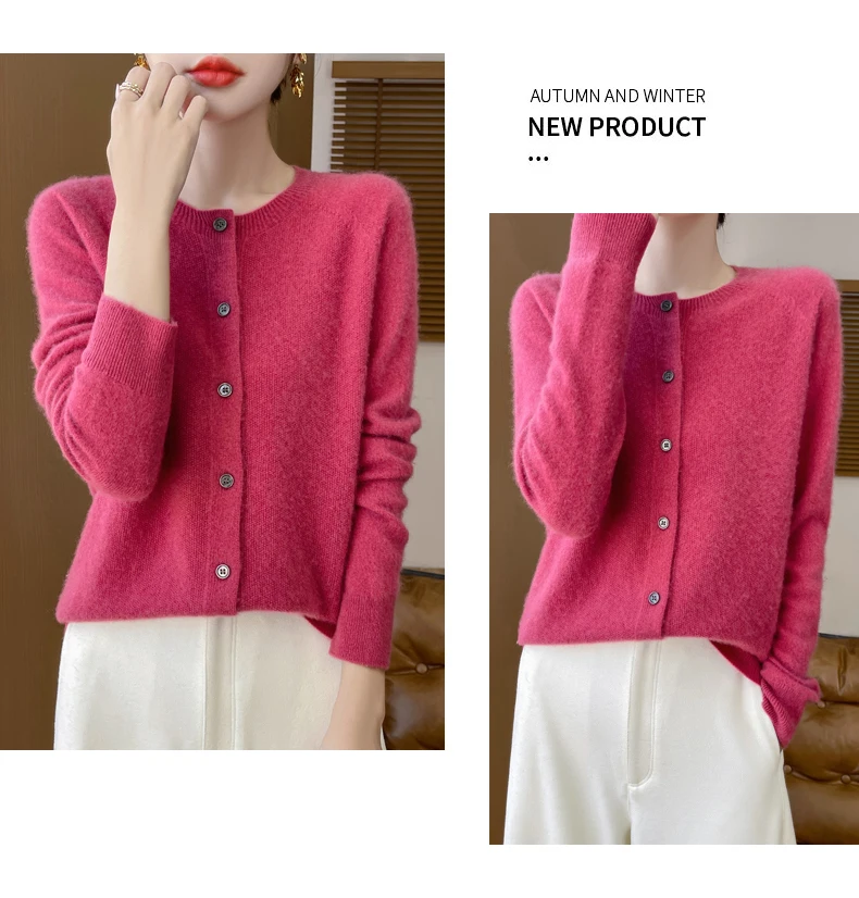 100% Merino Wool Long Sleeve Sweaters Cashmere Cardigan Spring Autumn Women O-Neck Knitwear Tops Clothing Fashion Basic Tops