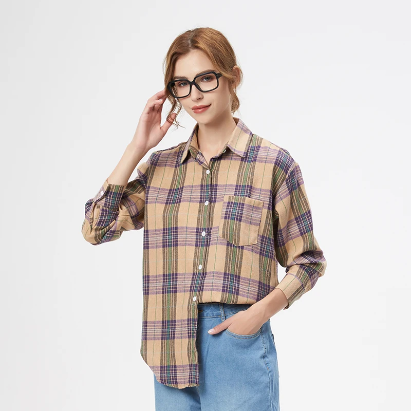 2025 Spring Loose Casual Womens Plaid Shirt Fresh College Style Long Sleeve Blouses And Tops Female Flannel Checked Clothes
