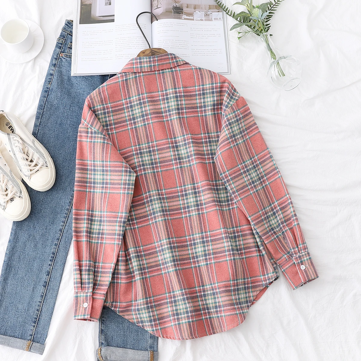 2025 Spring Loose Casual Womens Plaid Shirt Fresh College Style Long Sleeve Blouses And Tops Female Flannel Checked Clothes