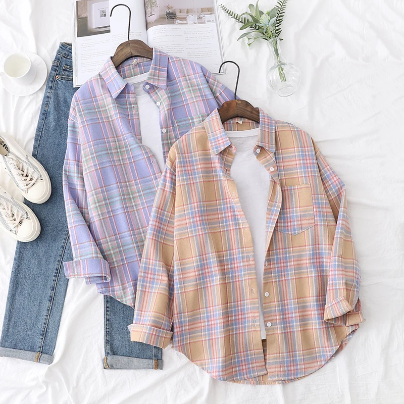 2025 Spring Loose Casual Womens Plaid Shirt Fresh College Style Long Sleeve Blouses And Tops Female Flannel Checked Clothes