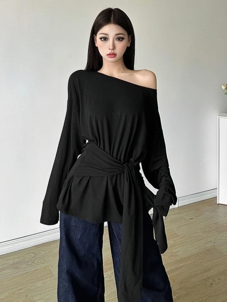 See Through Long Sleeve Oversize T Shirt Women Sexy Back Bandage Off Shoulder Top Female Basic Long Tees Korean Chic Lady New