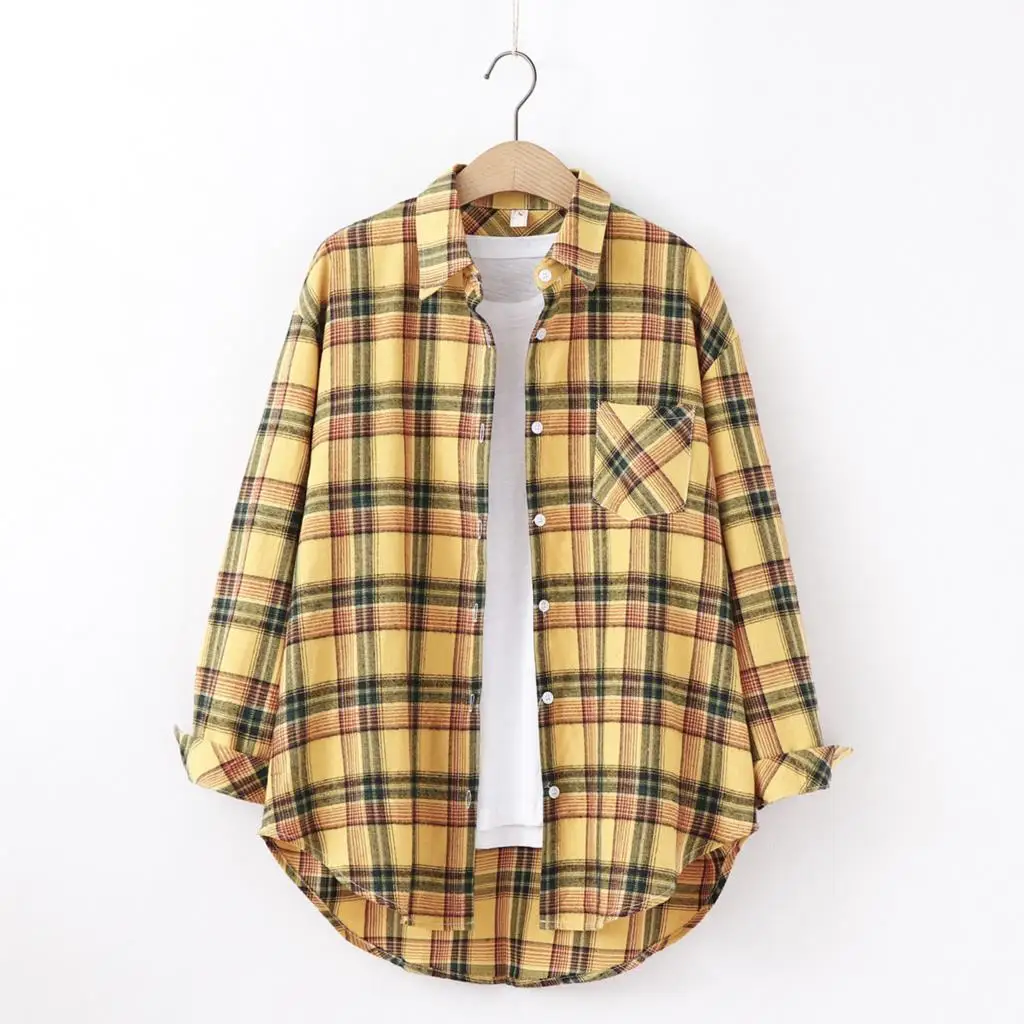 Fresh Flannel Plaid Shirt Women 2026 New Female Blouses and Tops Cotton Loose Long Sleeve Casual Shirts Fine Women's Clothes