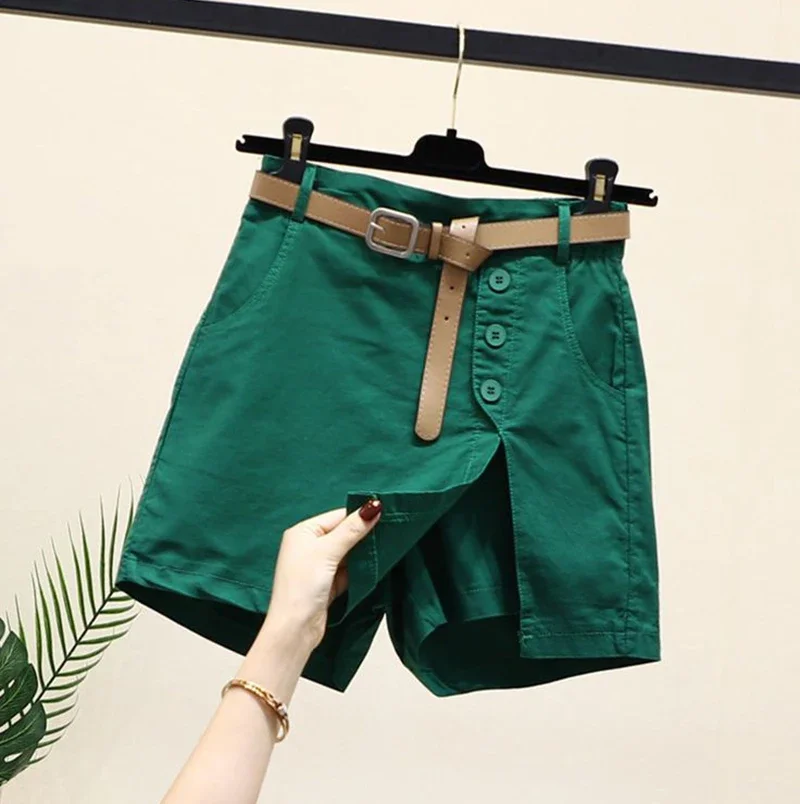 2025 New Chic Shorts Women Belt Korean Solid Buttons Side Slit A-line Streetwear Fashion Skirts Chic Harajuku Summer Loose Pants