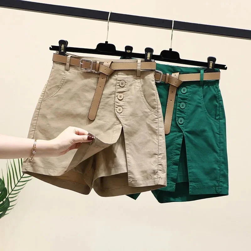 2025 New Chic Shorts Women Belt Korean Solid Buttons Side Slit A-line Streetwear Fashion Skirts Chic Harajuku Summer Loose Pants