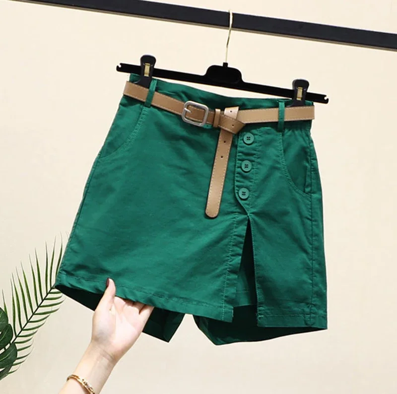 2025 New Chic Shorts Women Belt Korean Solid Buttons Side Slit A-line Streetwear Fashion Skirts Chic Harajuku Summer Loose Pants