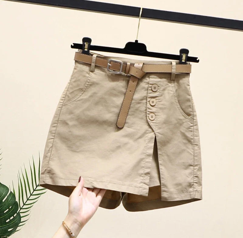2025 New Chic Shorts Women Belt Korean Solid Buttons Side Slit A-line Streetwear Fashion Skirts Chic Harajuku Summer Loose Pants
