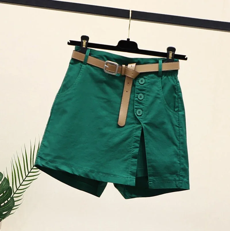 2025 New Chic Shorts Women Belt Korean Solid Buttons Side Slit A-line Streetwear Fashion Skirts Chic Harajuku Summer Loose Pants