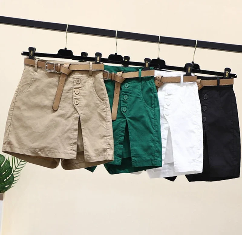 2025 New Chic Shorts Women Belt Korean Solid Buttons Side Slit A-line Streetwear Fashion Skirts Chic Harajuku Summer Loose Pants