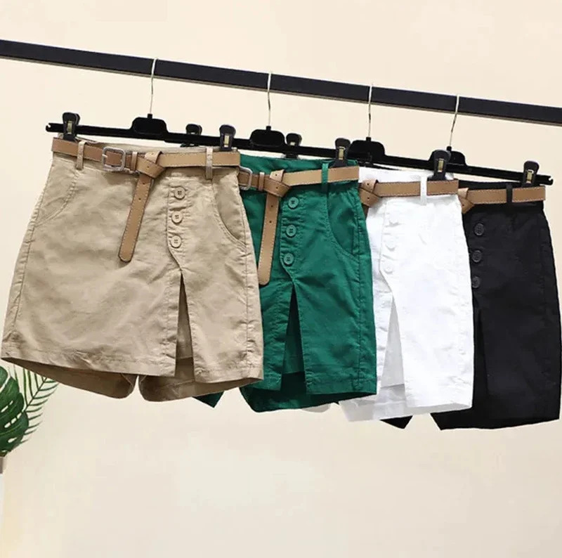 2025 New Chic Shorts Women Belt Korean Solid Buttons Side Slit A-line Streetwear Fashion Skirts Chic Harajuku Summer Loose Pants