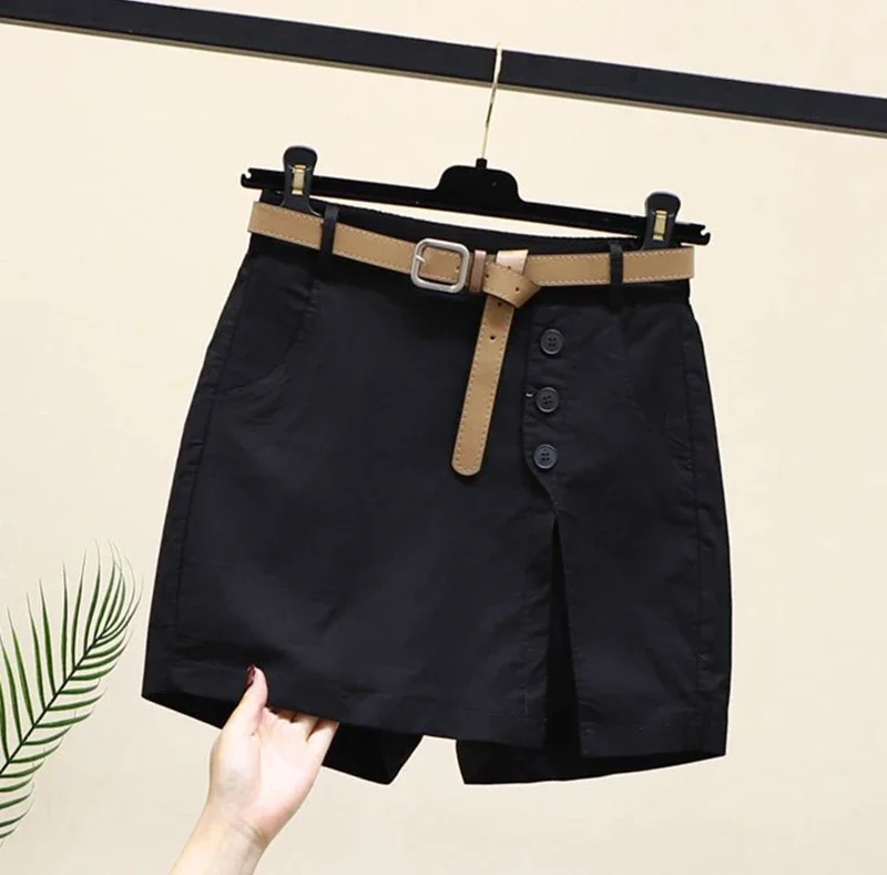 2025 New Chic Shorts Women Belt Korean Solid Buttons Side Slit A-line Streetwear Fashion Skirts Chic Harajuku Summer Loose Pants