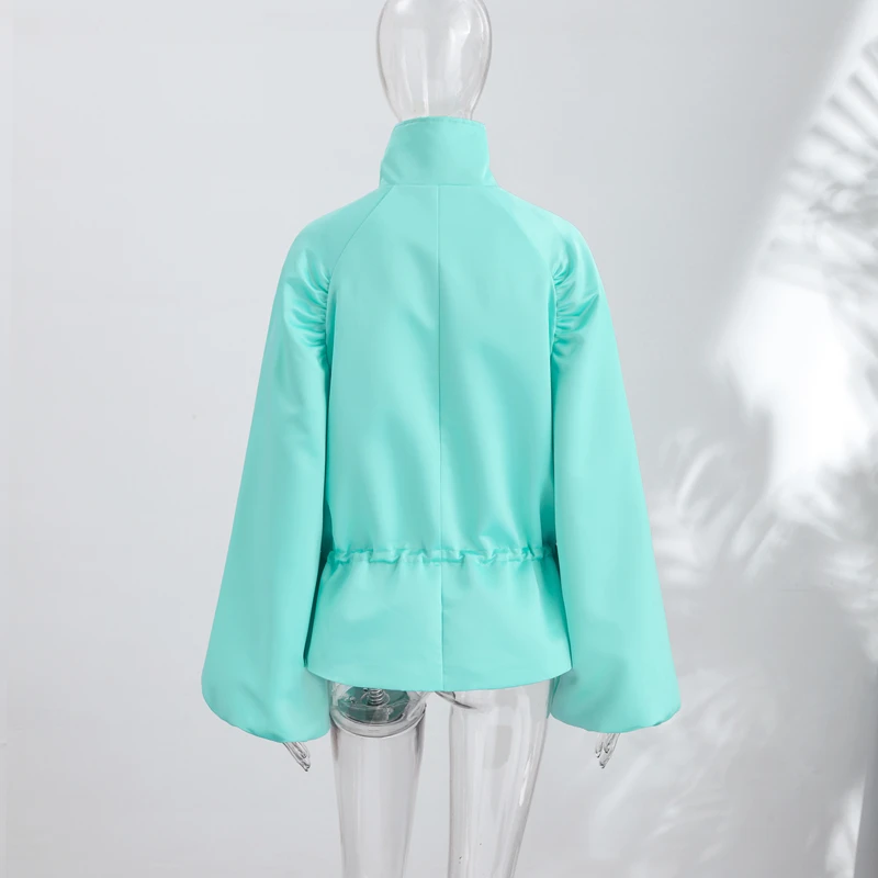 Fashion Shiny Fabric Jacket High Stand Collar Oversized Puff Sleeve Drawstring Cropped Hem 2026 Autumn Daily Lady Sweet Jackets