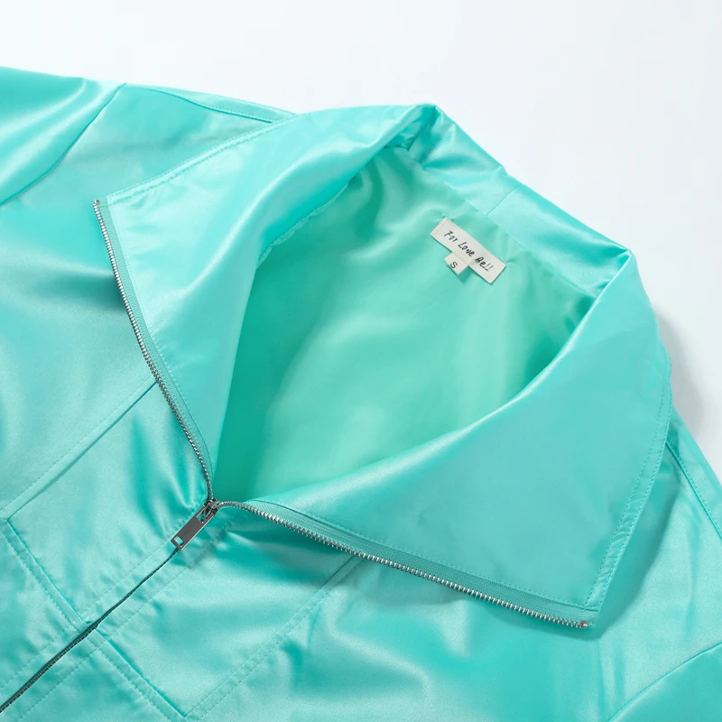 Fashion Shiny Fabric Jacket High Stand Collar Oversized Puff Sleeve Drawstring Cropped Hem 2026 Autumn Daily Lady Sweet Jackets